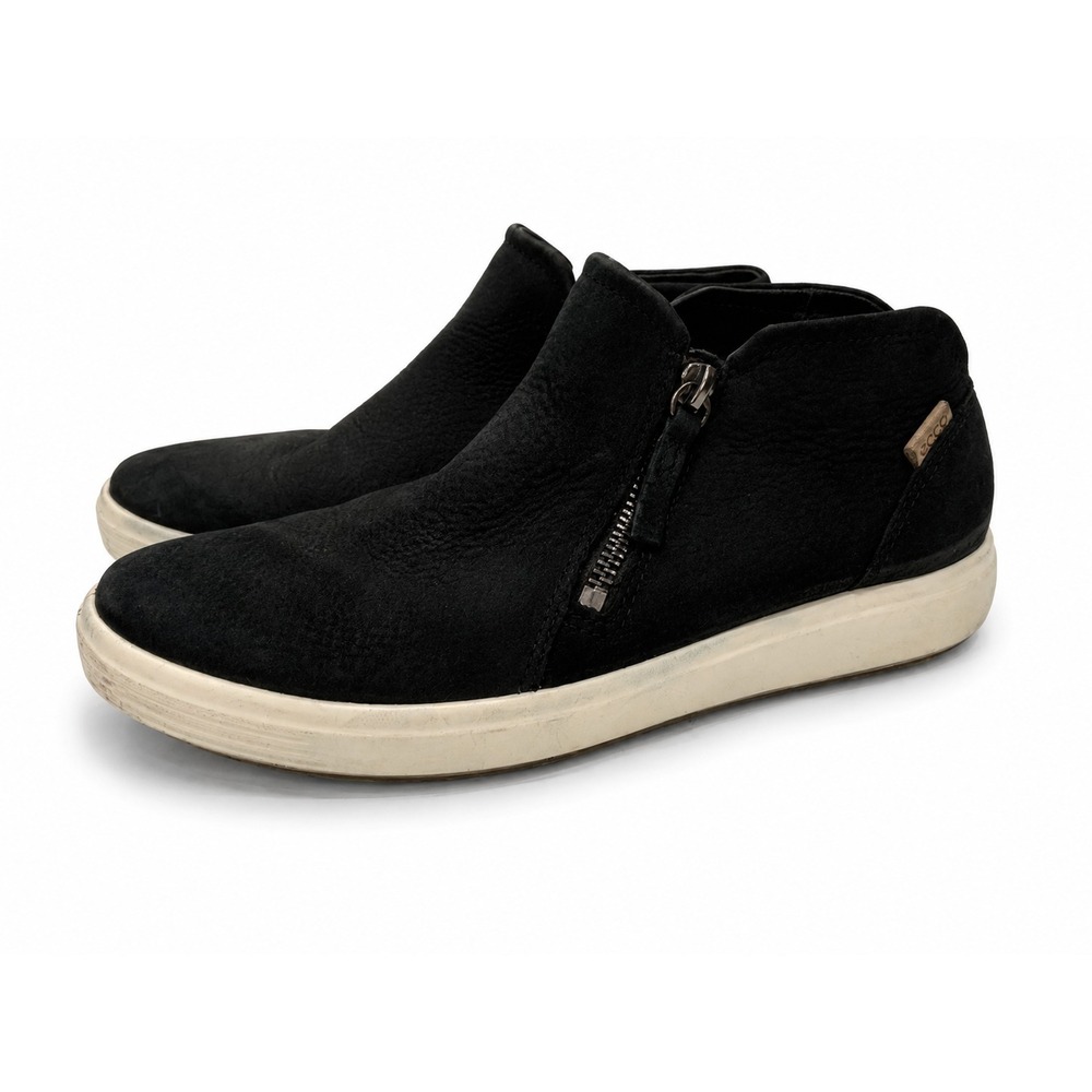 Ecco Shoes 37 Womens 6. Soft  Ankle Boots Sneakers Black Nubuck‎ Zip Up Casual